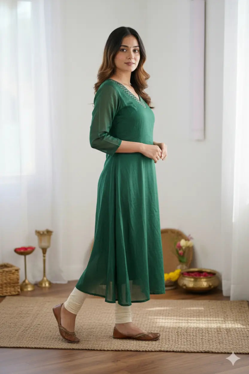 Women's Emerald green V-neck organza kurta with sequins details
