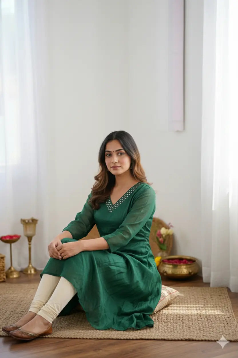 Women's Emerald green V-neck organza kurta with sequins details