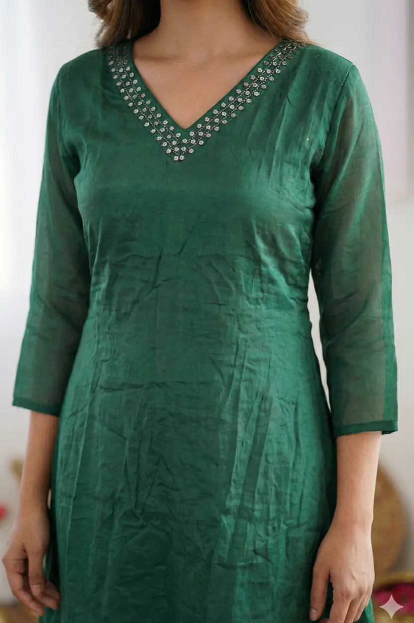 Women's Emerald green V-neck organza kurta with sequins details