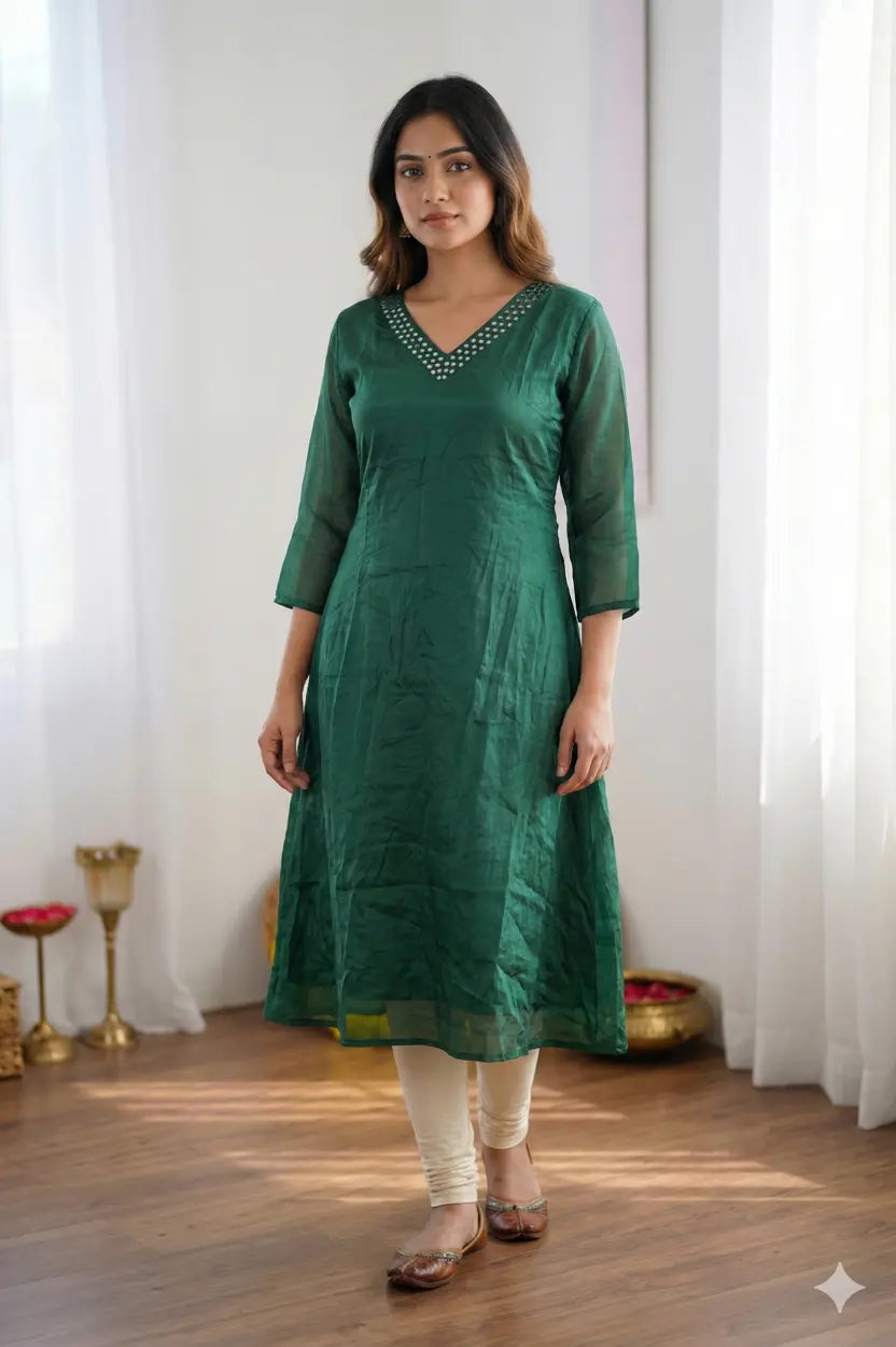 Women's Emerald green V-neck organza kurta with sequins details