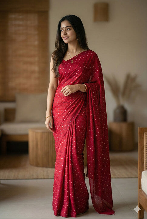 Women's Red georgette saree with golden printed dots pattern
