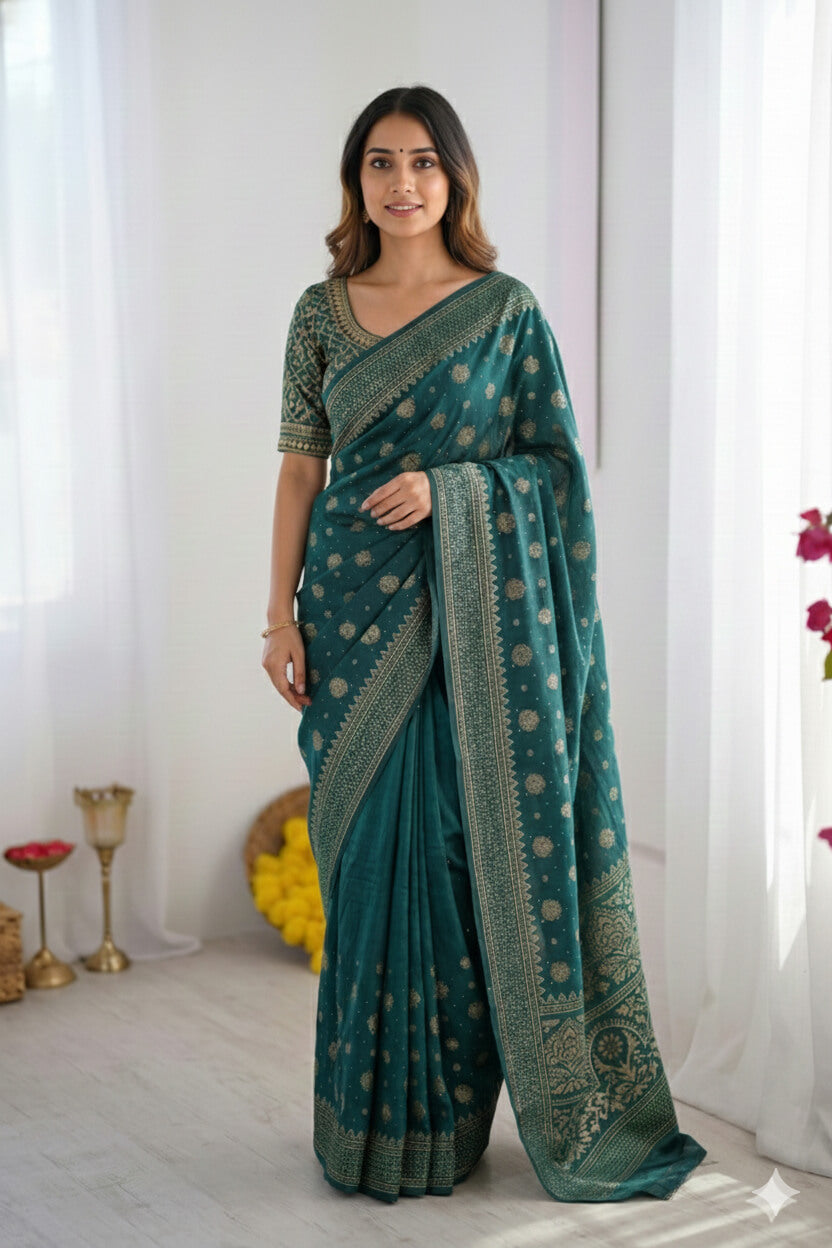 Women's deep teal green georgette saree with gold foil print and border