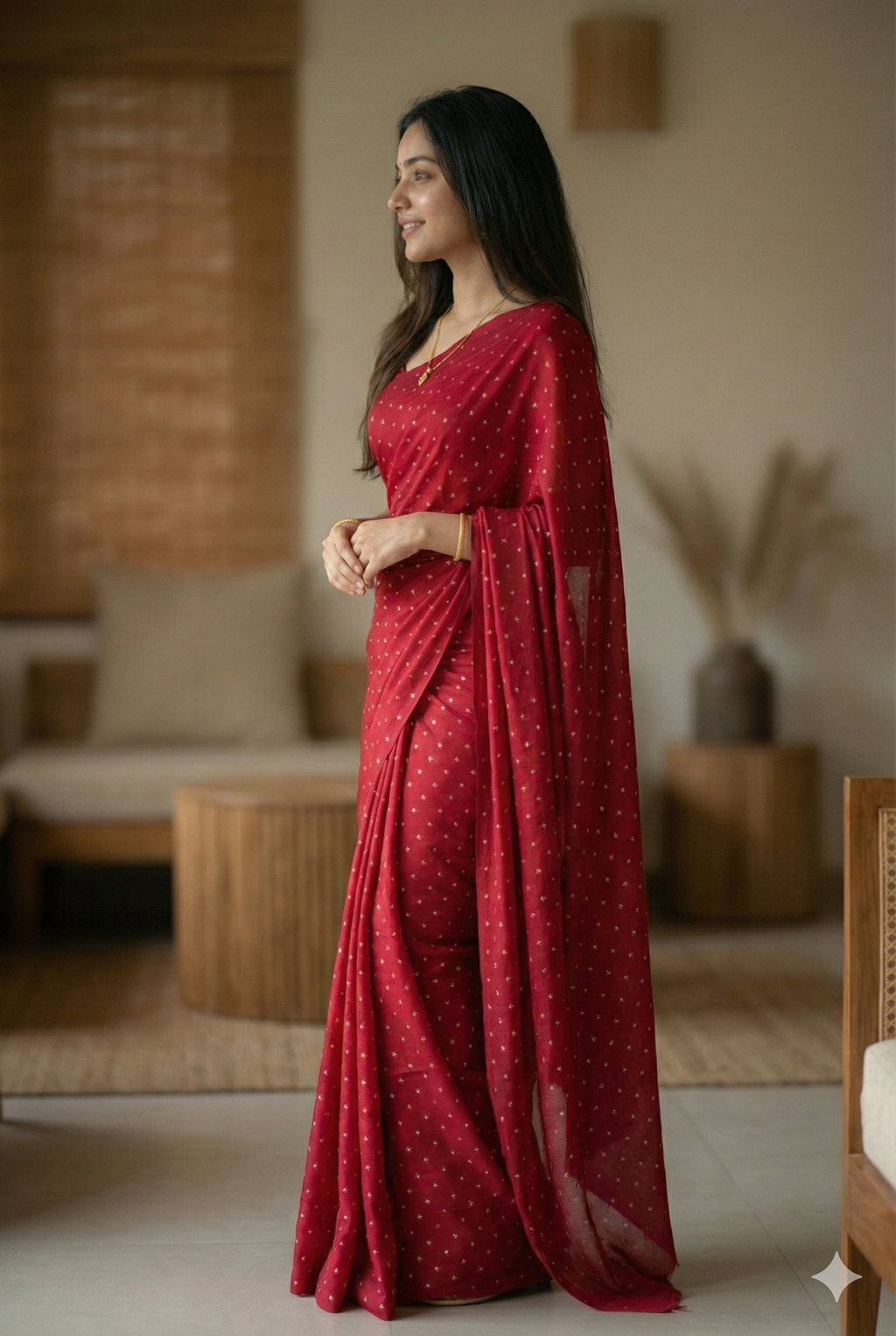 Maroon Georgette Saree with Golden Polka Dots