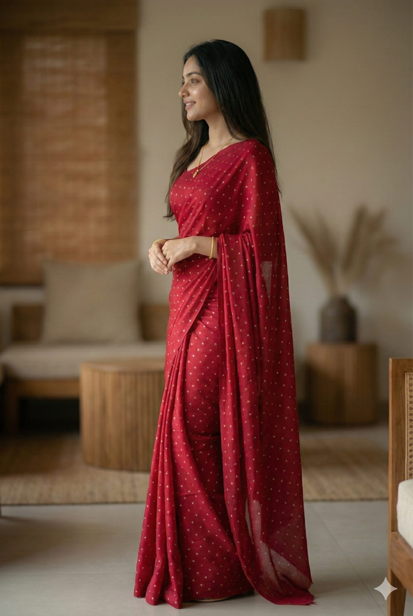 Maroon Georgette Saree with Golden Polka Dots