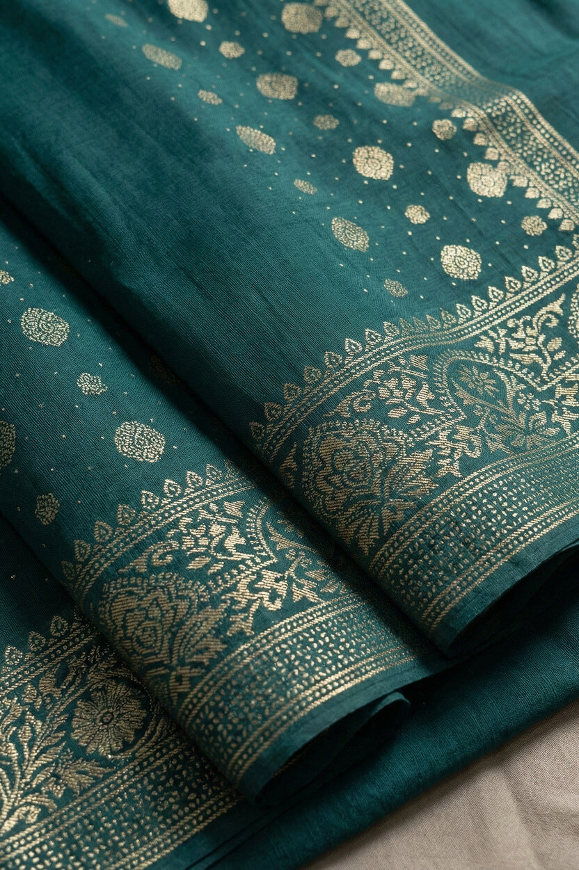 Women's deep teal green georgette saree with gold foil print and border