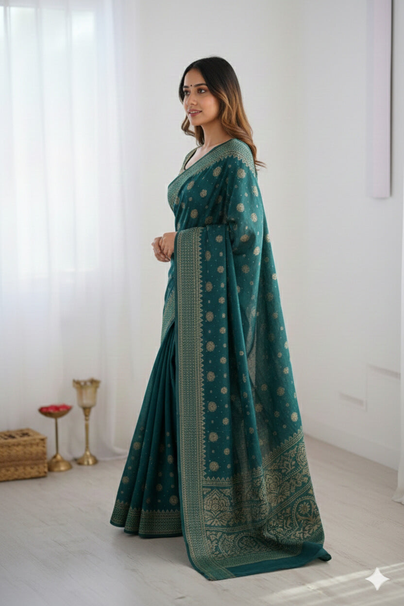 Women's deep teal green georgette saree with gold foil print and border