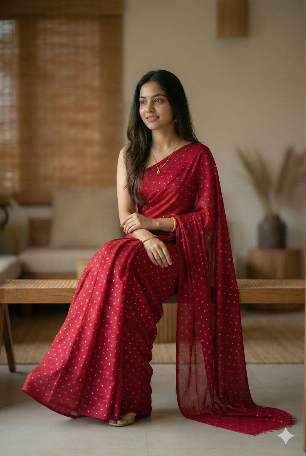 Maroon Georgette Saree with Golden Polka Dots