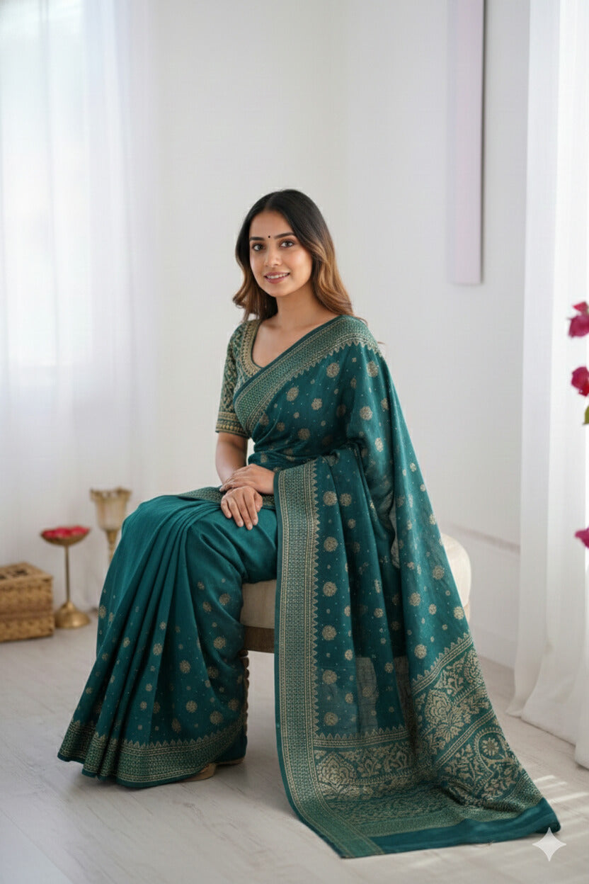 Women's deep teal green georgette saree with gold foil print and border